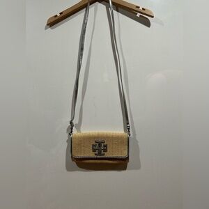 Tory Burch Beige and Silver Straw Crossbody Bag